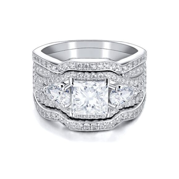 NEW! 18K White Gold Plated Stackable 3 Piece Square Diamond Engagement Ring Set - Picture 5 of 6